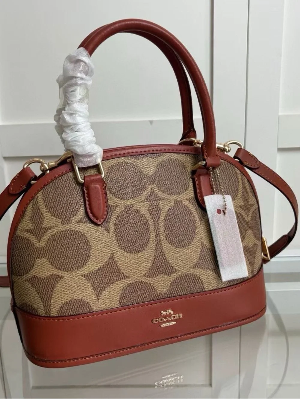 Coach Brown/Tan Signature Dome Satchel with Chestnut Trim